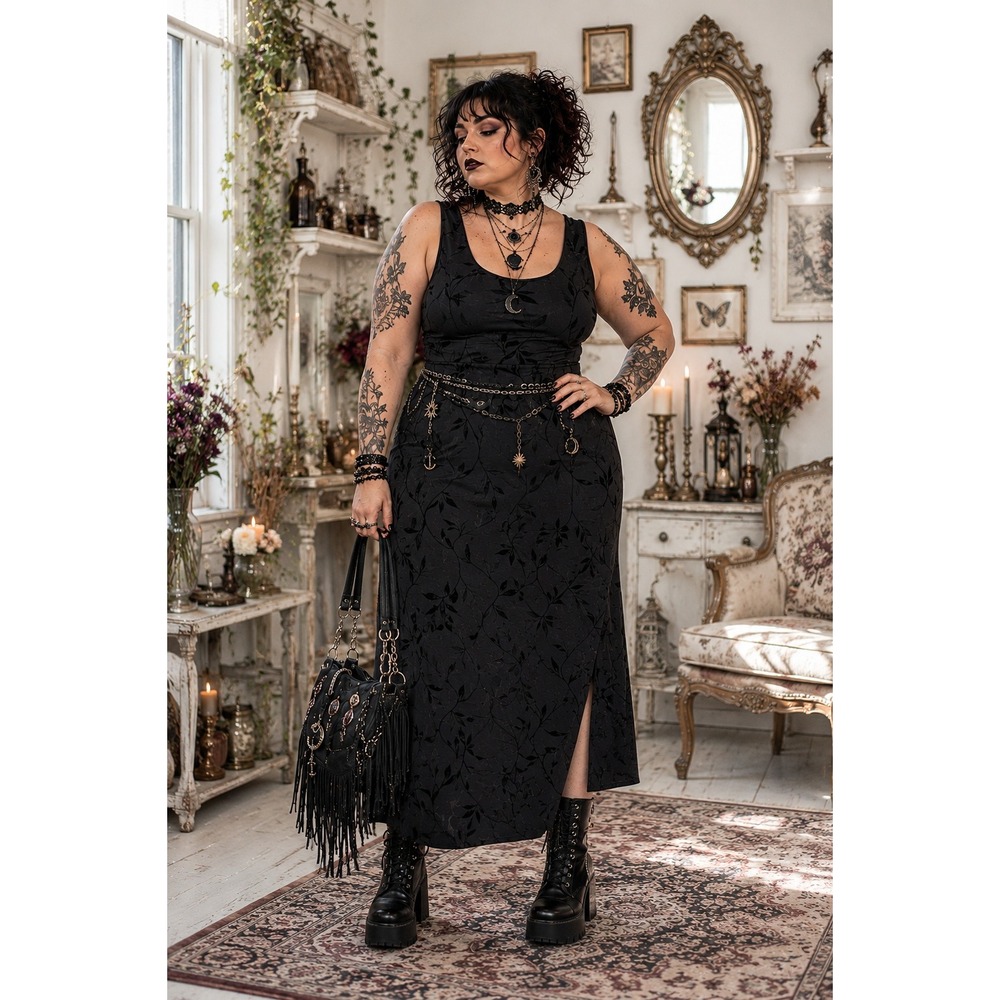 Whimsigoth Fairygrunge 90s Y2K Vintage Black Floral Side Slit 16W Maxi Dress